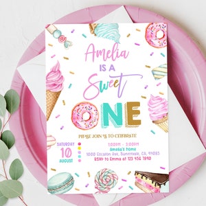 Sweet One Birthday Invitation Pastel Sweets Invite Donut Candy Ice cream Cupcake 1st Birthday Dessert Editable Printable Download Bir360