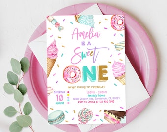 Sweet One Birthday Invitation Pastel Sweets Invite Donut Candy Ice cream Cupcake 1st Birthday Dessert Editable Printable Download Bir360