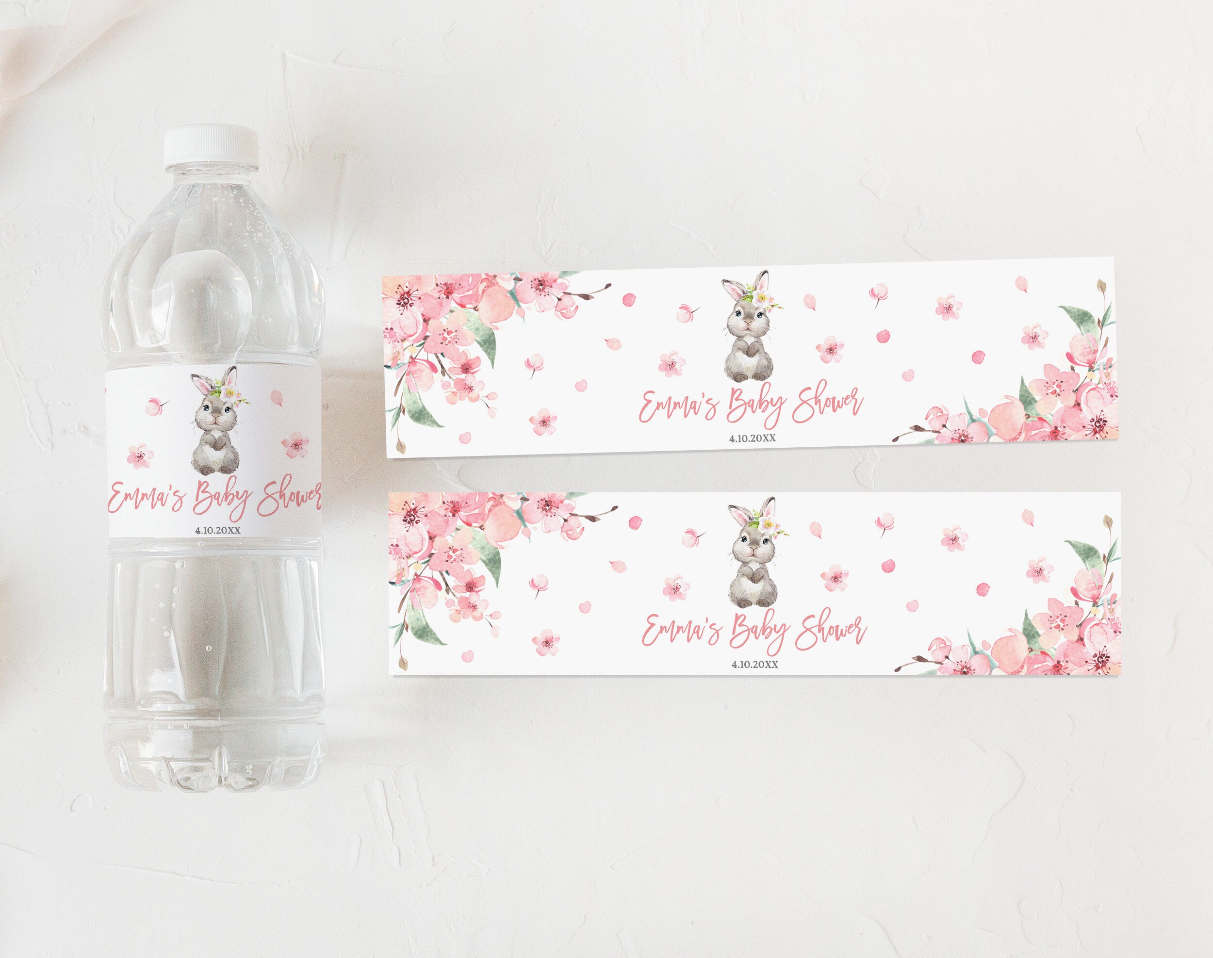 Editable Bunny Baby shower water bottle label Rabbit Party Bottle label Spring Party Favor Girl Pink Floral Printable Easter Label Eaba3