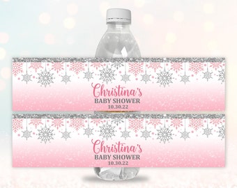 Winter water bottle label  Snowflake water bottle label  Baby shower favor  Download  EDITABLE  Bab59