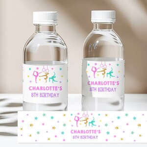 Etiquette de gymnastique anniversaire bouteille d'eau fête de gymnastique emballage de bouteille d'eau décorations d'anniversaire imprimable rose sarcelle violet étiquette Bir326