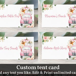 Food Tent Cards: Pink Truck Pumpkin - Editable Fall Party Labels Bab103, Bir231