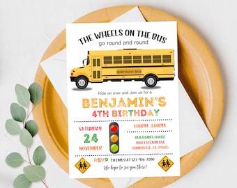 School bus Birthday Invitation Bus Party Invite Boy Girl Yellow Fun Back to school template Digital Printable Editable Download Bir182