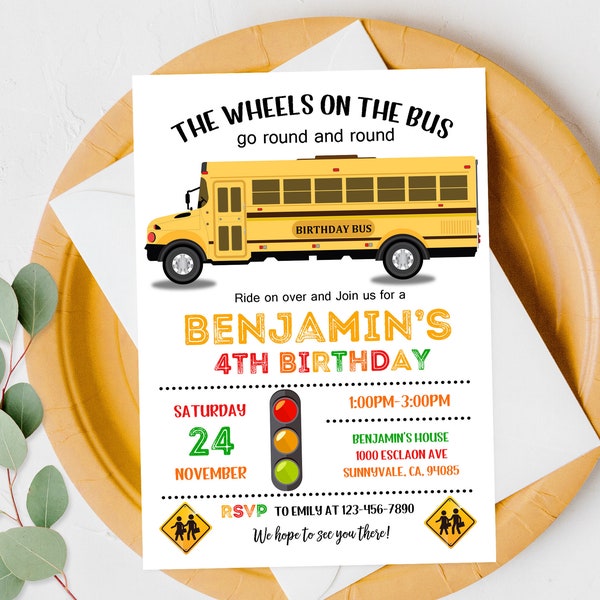 School bus Birthday Invitation Bus Party Invite Boy Girl Yellow Fun Back to school template Digital Printable Editable Download Bir182