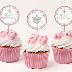 Winter onederland Birthday Cupcake topper Snowflake Party Decoration Girl Pink Silver Snowflake Sticker Tag Digital Printable Download Bir19