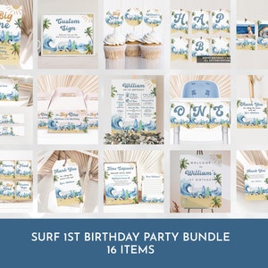 Peut inclure: Ensemble de décorations de fête sur le thème du surf, comprenant des bannières, des panneaux et des décorations de cupcakes. Les motifs présentent des vagues, des planches de surf et une camionnette vintage, avec le texte "The Big One" et "William's 1st Birthday".