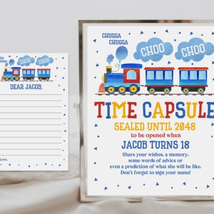 Tarjeta con notas a juego para cumpleaños de tren, cápsula del tiempo, tren Chugga Chugga Choo, fiesta de cumpleaños para niño, azul, primera decoración, editable, imprimible, descarga Bir60