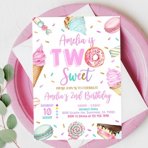 Two Sweet Birthday Invitation 2nd Birthday Girl Donut Invitation Blush Pink Two Year Dessert Invite Download Printable Editable Bir338