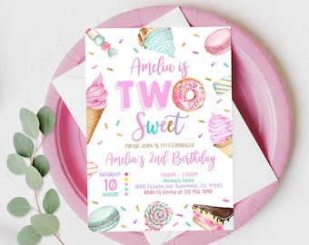 Two Sweet Birthday Invitation 2nd Birthday Girl Donut Invitation Blush Pink Two Year Dessert Invite Download Printable Editable Bir338