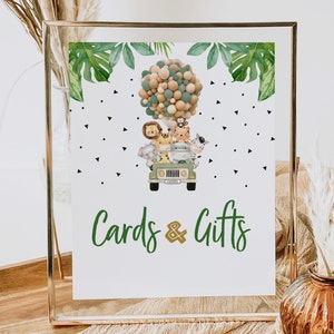Safari Karten und Geschenke unterzeichnen Dschungel Tiere Wild One Zoo-Babyparty-Geburtstags-Zeichen Druckbar Tropisch Bearbeitbares Printable Download Bir297