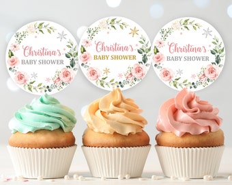 Winter baby shower cupcake toppers  Winter floral Décor Download  EDITABLE  Bab46