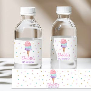 Bearbeitbares Eis Geburtstagsparty Wasserflaschenetiketten Eiscreme Party Wasserflasche wrapper Pink Lila Teal Etikett Decor Printable Bir366