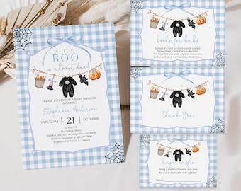 May include: A set of baby shower stationery featuring a light blue gingham pattern, spider web corners, and a clothesline graphic with a black onesie, pumpkin, and bucket. The cards include text for an invitation, books for baby, thank you, and diaper raffle.