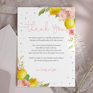 Bedankkaartje: Citroen Citrus Babyshower (Roze Bloemen, Bewerkbaar Bab189) afbeelding 5