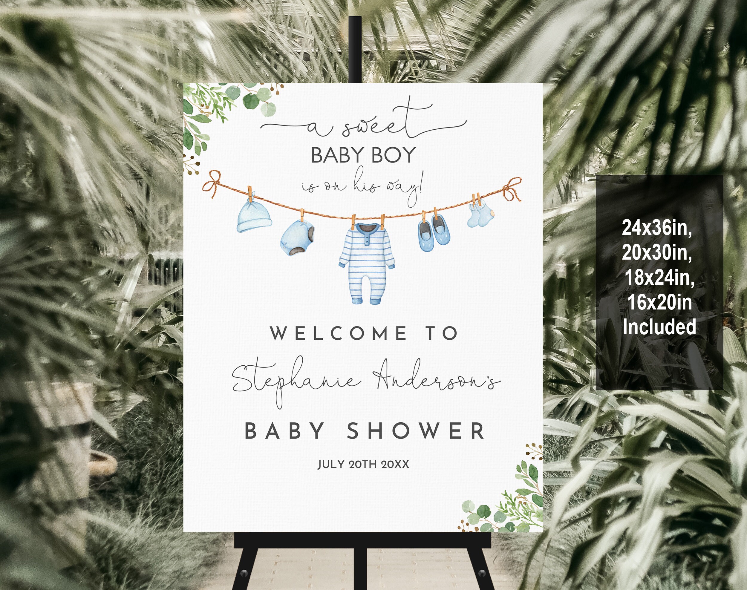 Welcome Sign: Baby Boy Clothesline and Greenery (editable Digital ...