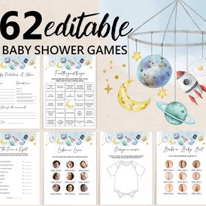 Space Baby Shower Games Bundle Outer space baby shower game package Rocket Ship Planets Boy Girl Editable Set Printable Astronaut Bab270