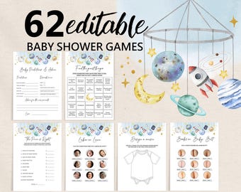 Outer Space Baby Shower Games Bundle - Rocket Ship, Planets, Editable Bab270