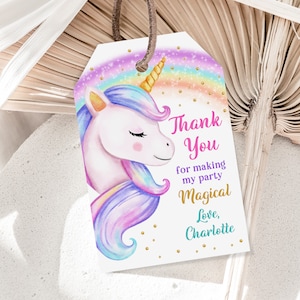 Etiqueta de aniversário de unicórnio, etiqueta de agradecimento para festa de arco-íris, etiqueta mágica de menina rosa com glitter dourado, etiqueta EDITÁVEL para impressão, etiqueta para favor, download Bir249