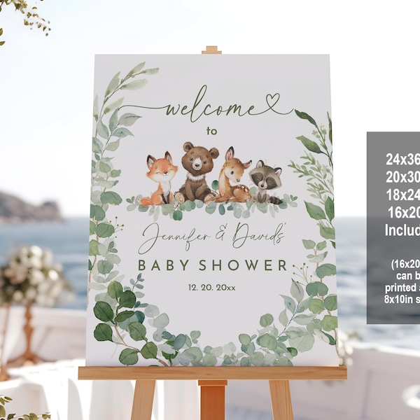 Letrero de bienvenida para baby shower con temática de bosque: vegetación, animales del bosque, editable (Bab209)