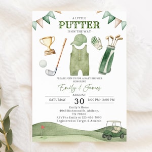 Invitación para baby shower de golf: Un pequeño palo de golf está en camino, editable (Bab381)