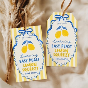 May include: Two yellow and white striped gift tags with blue accents and the text "Learning Easy Peasy Lemon Squeezy." Each tag features a lemon illustration and a brown ribbon for hanging.