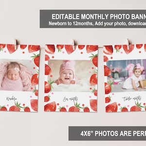Strawberry Monthly Banner Strawberry Berry First Birthday Party Photo Banner Berry Sweet Birthday Decor Editable Printable Download Bir278