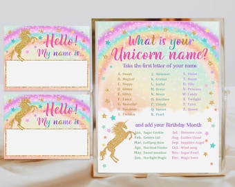 WHAT'S Your Unicorn Name, Game Sign and Tag Unicorn Birthday Party ...