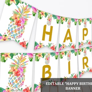 Ananas Alles Gute zum Geburtstag Banner Tropisch Hawaiian Bunting Aloha Ananas Gold Pink Regenbogen Luau Party Printable Bearbeitbare Download Bir130
