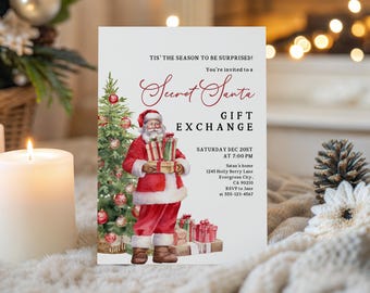 May include: A holiday-themed invitation for a Secret Santa gift exchange. The card features a watercolor illustration of Santa Claus holding gifts next to a decorated Christmas tree. The text reads "Secret Santa Gift Exchange" with event details.