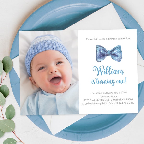 Bowtie Birthday Invitation Little Man Birthday Invitation Blue Polka dot Simple Boy 1st First Digital Printable Editable Download Bir171