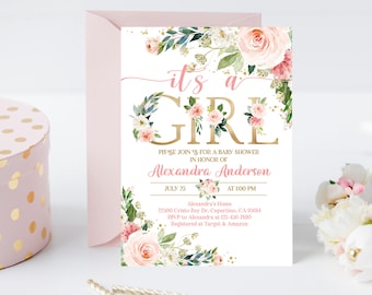 Może przedstawiać: Różowe i złote zaproszenie na baby shower z kwiatowymi akcentami. Zaproszenie zawiera napis "To dziewczynka" oraz imię Alexandra Anderson, datę 23 lipca i godzinę 13:00.