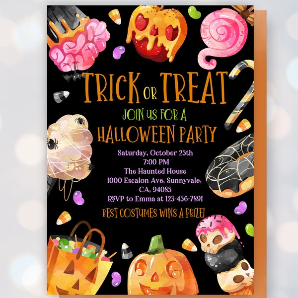 Trick or treat Invitation Halloween party Invite Halloween candy Sweet Invite Spooky Ghost Pumpkin Skull Editable Download Printable Par34