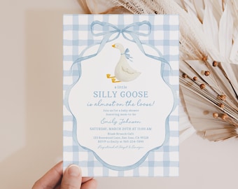 Baby Shower Invitation: Silly Goose Blue Gingham - Editable Printable Bab415