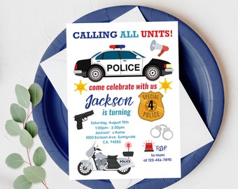 Police Birthday Invitation Policeman Party Invite Police officer Car Cop Boy Calling all Unit Digital Printable Editable Download Bir135