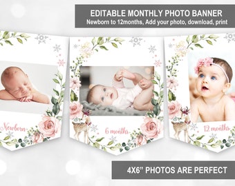 Winter woodland Monthly photo Birthday banner Winter Onederland photo banner Deer snowflake 1st birthday banner Editable Printable Bir152