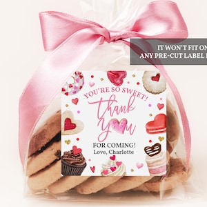 Süßer Favor Tag Valentinstag Geburtstag Sticker Mädchen 1. Geburtstag Square Label Rosa Herz Kuchen Candy Bearbeitbar Printable Download VabI4