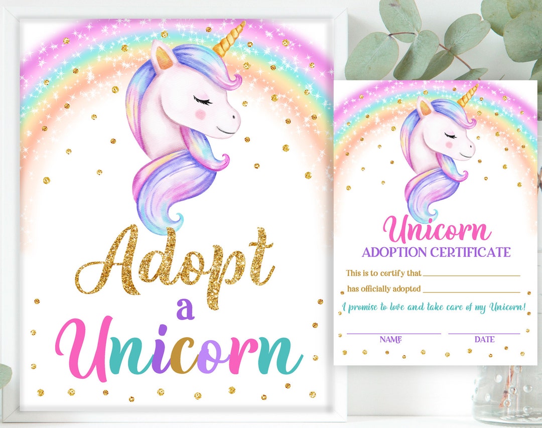 Adopt a Unicorn Sign Certificate Unicorn Adoption Birthday Party Favor ...