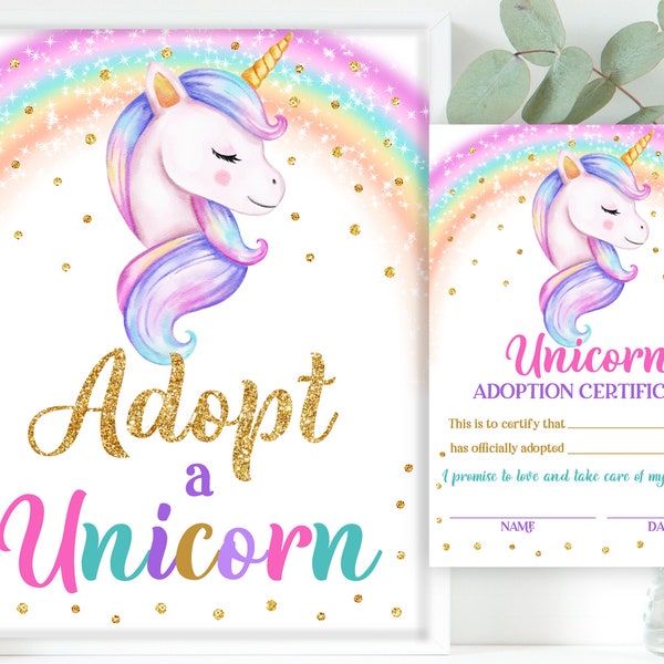 Adopt a Unicorn Sign Certificate Unicorn Adoption Birthday Party favor Sign Game Rainbow Gold Digital Printable Download Bir249