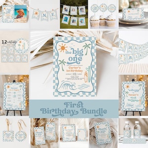 May include: A collection of party supplies with a beach theme, including invitations, banners, cupcake toppers, and signs. The color scheme is light blue and cream, with illustrations of palm trees, surfboards, and waves. The text "First Birthday Bundle" is displayed.