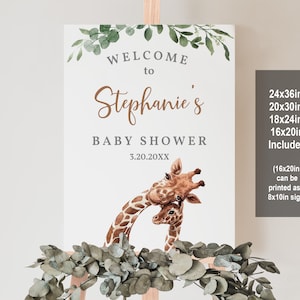 Cartel de bienvenida para baby shower con jirafa, cartel de bienvenida a la jungla de safari, vegetación tropical, decoración de género neutro, editable, descarga imprimible, Bab36