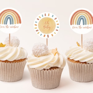 Boho Sunshine Rainbow Baby shower Cupcake Toppers Sun Sticker Rainbow Label Sunshine Party Decor Editable Printable Download Bab151