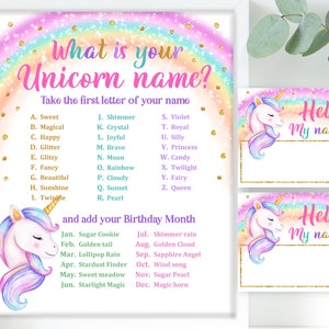 Unicorn Name Game Sign and Tag Unicorn Birthday Party Printable Game What's Your Unicorn Name Rainbow Digital Download Bir249