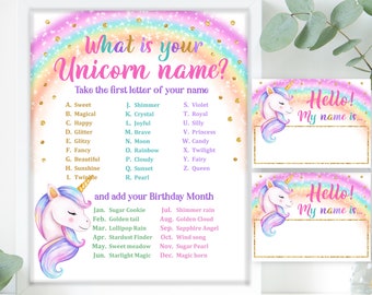 Unicorn Name Game Sign and Tag Unicorn Birthday Party Printable Game What's Your Unicorn Name Rainbow Digital Download Bir249