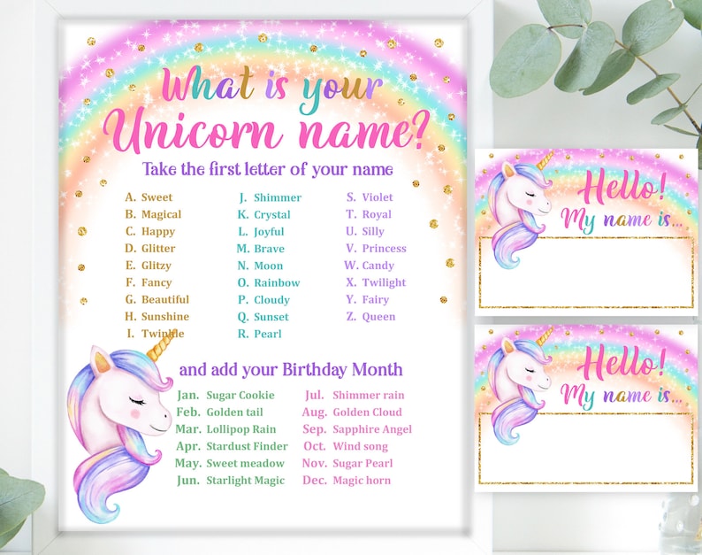 Unicorn Name Game Sign and Tag Unicorn Birthday Party - Etsy