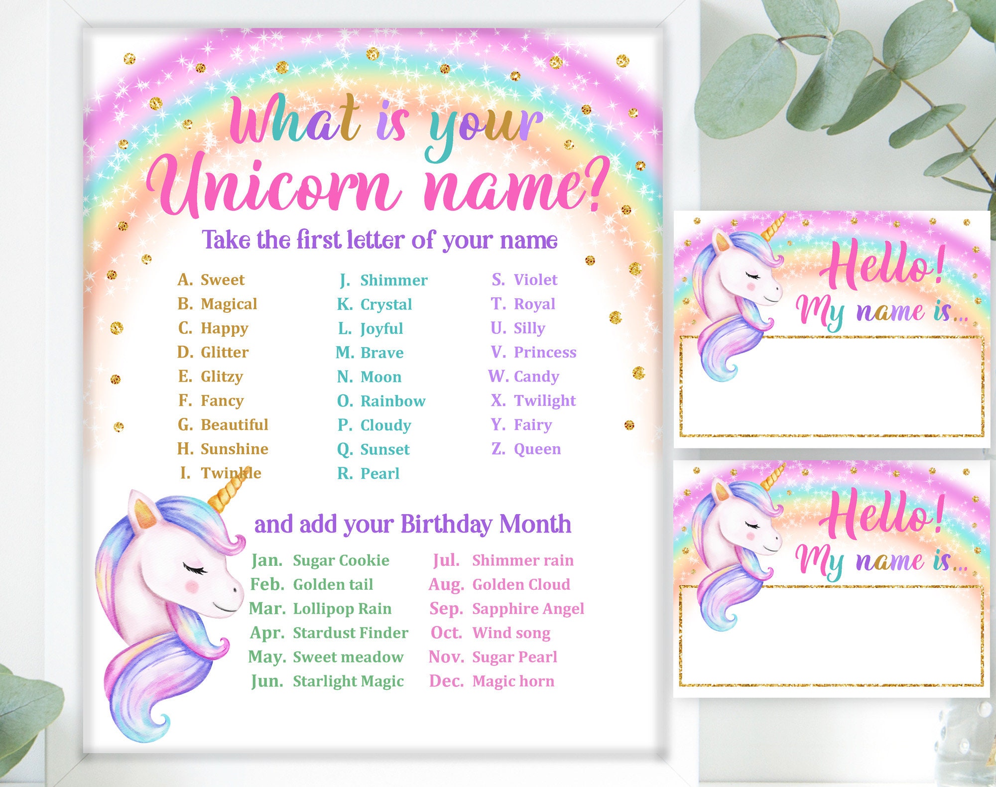 Unicorn Name Game Sign and Tag Unicorn Birthday Party Printable Game What's Your Unicorn Name Rainbow Digital Download Bir249