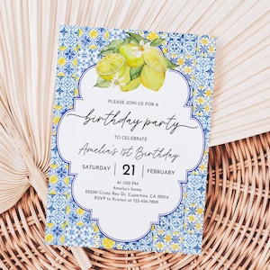 Blue Tiles Lemon 1st Birthday Invitation Template Positano Birthday Invite Italian Mediterranean lemon Editable Digital Printable Bir438