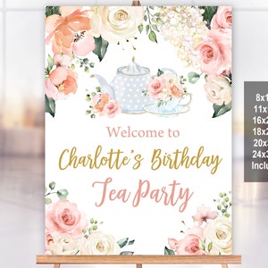 Tea Party Birthday Welcome Sign Bridal Shower Floral High Tea Party Poster Blush pink floral Sign Décor Editable Download Bir122
