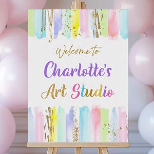 Art Birthday Party Welcome Sign Painting Party Welcome poster Editable Canvas Craft Rainbow Pastel Colorful Brush Digital Poster Bir254