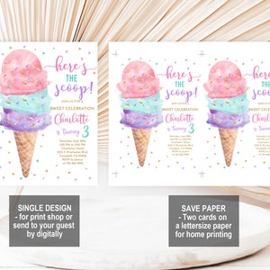 May include: A printable invitation for a child's birthday party. The invitation features a watercolor illustration of a three-scoop ice cream cone with pink, blue, and purple ice cream. The text on the invitation reads "Here's the scoop!" and "Charlotte is turning 3".