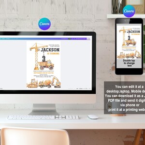 May include: A computer monitor and smartphone display a birthday invitation design. The invitation features a watercolor illustration of construction vehicles, including a crane, dump truck, and excavator. The text reads "JACKSON IS TURNING 3".